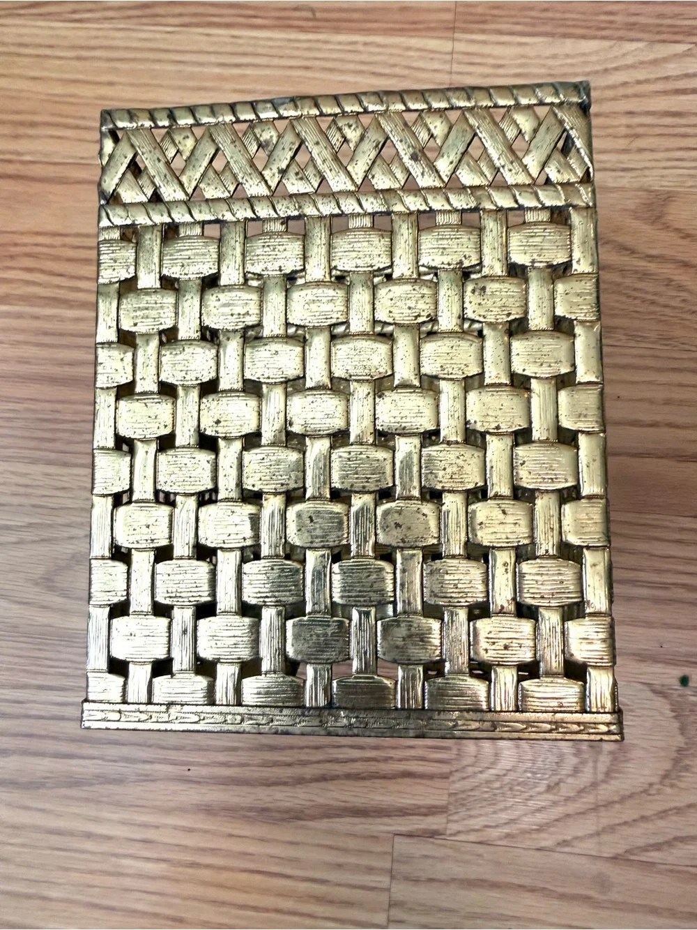 Vintage Hollywood Regency Gold Metal Basket weave Design Square Tissue Box